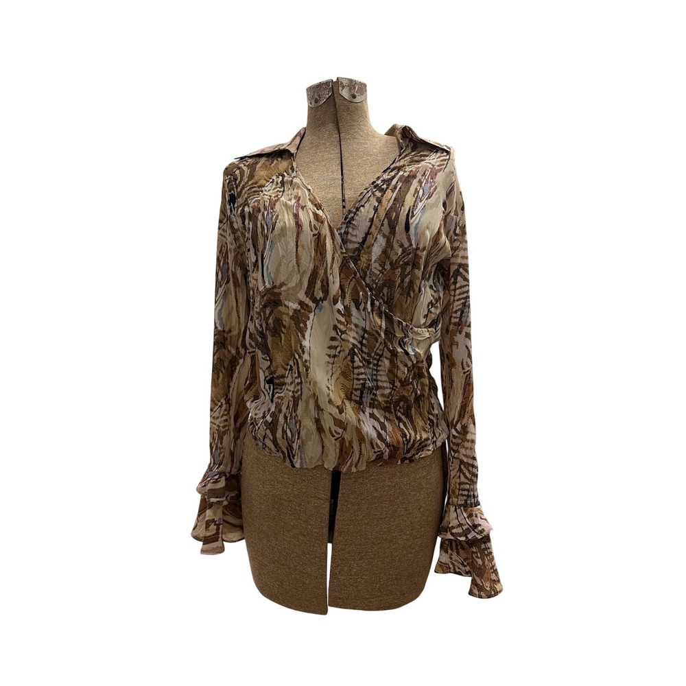 Blouse Ruffle Y2K Violet & Claire Womens Size M Brown Abstract Surplice Wrap Top